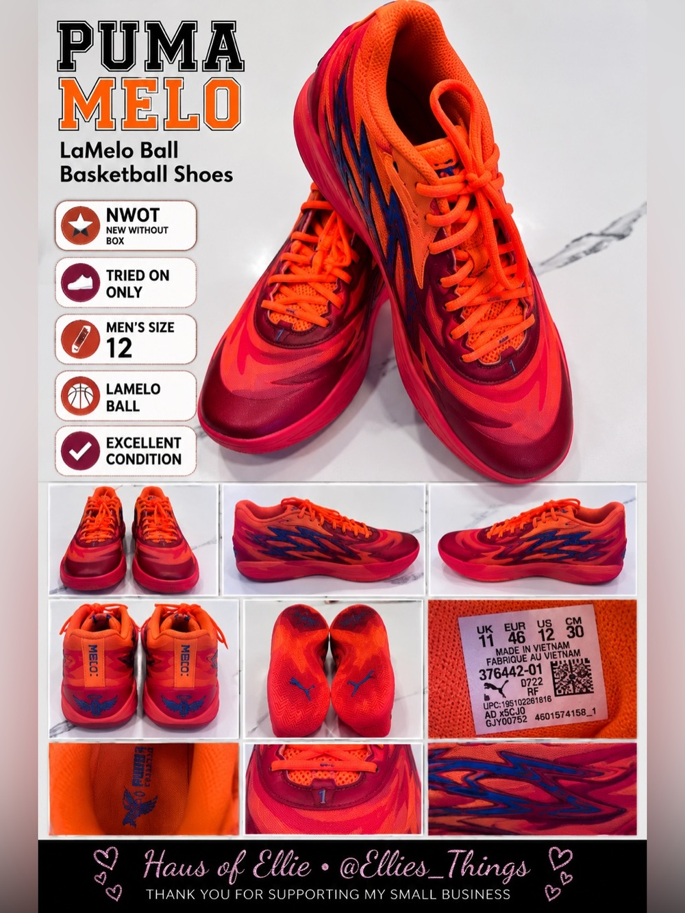 PUMA MB.01 LaMelo Ball Basketball Shoes Size 12 NWOT Orange Pink